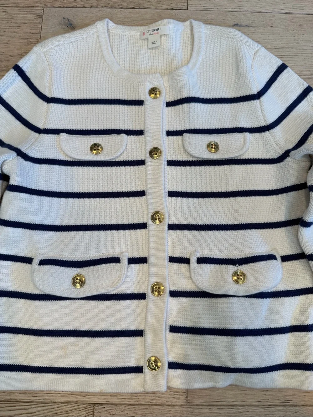Crewcuts White and Navy Striped Knit Button Jacket with Gold Buttons